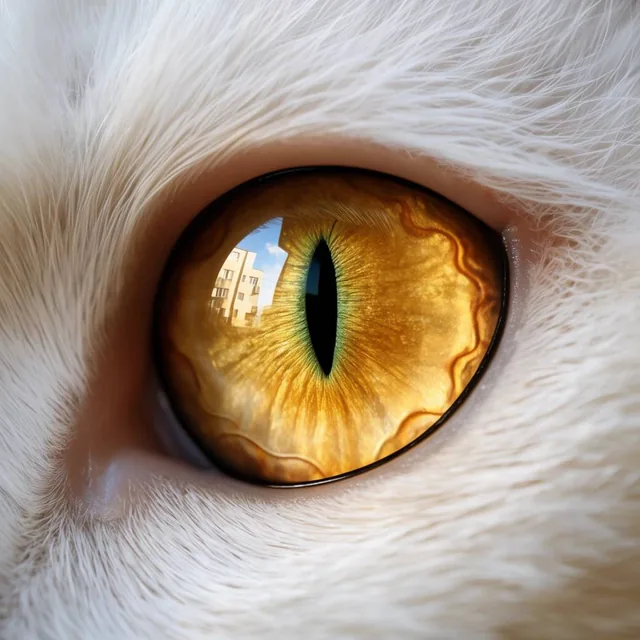 extreme macro close-up of a cat eye, brilliant golden amber iris with radial striations, sharp...