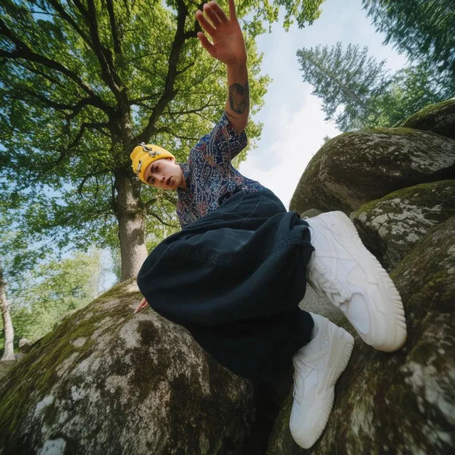 extreme low angle, person in dynamic pose on mossy boulders, arm raised, yellow beanie with cli...