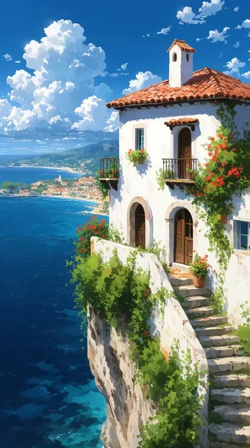 white stucco Mediterranean villa with a terracotta roof perched on a sheer rocky cliff edge, de...