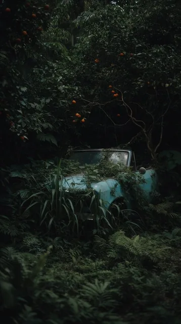 A vintage, faded light-blue convertible sits abandoned and heavily overgrown within a dense, sh...