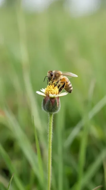 Macro photograph of a honey bee perched atop a tiny wildflower bud, sharp focus on the fuzzy st...