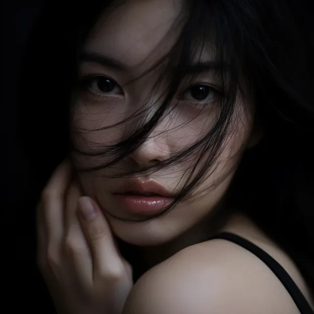 close-up portrait of a young Asian woman, intense direct gaze, dark hair dramatically swept acr...