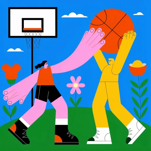 Surreal vector illustration of two stylized figures with giant hands playing basketball. A pink...