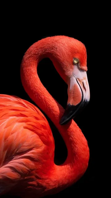 A close-up portrait of a vibrant red-orange flamingo isolated against a solid black background....