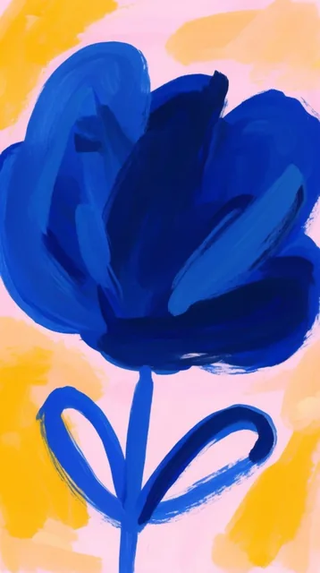 An oversized, abstract blue flower dominates the frame, painted with thick, sweeping brushstrok...