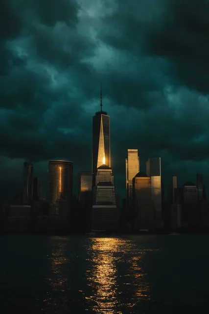 dramatic skyline across dark water, central skyscraper with tall spire illuminated by piercing...