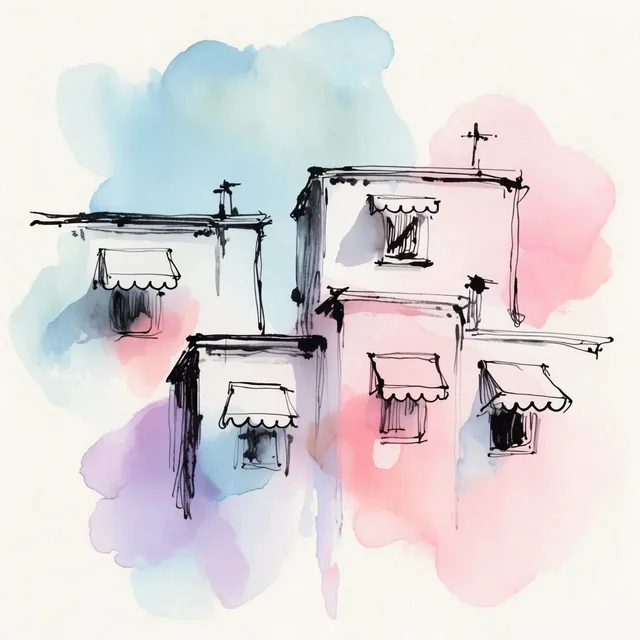 A loose black ink sketch of staggered flat-roofed buildings with scalloped window awnings, over...