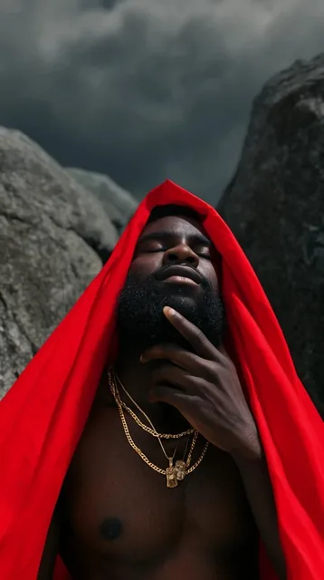 bare-chested Black man with beard, eyes closed, vibrant red cloth draped on head, gold chains,...