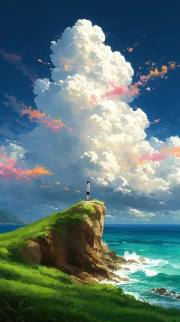 A colossal, sunlit cumulonimbus cloud dominates a deep azure sky, its towering white billows ac...
