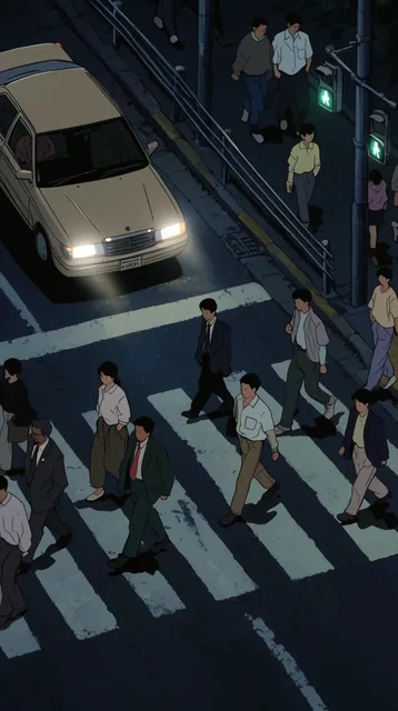 High-angle 90s anime-style nighttime street scene. A stopped beige sedan with glowing headlight...