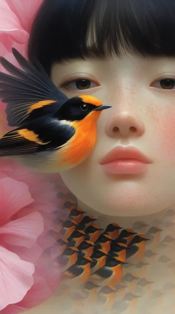 surreal close-up portrait of a young woman with pale freckled skin and dark bangs, a vibrant bl...