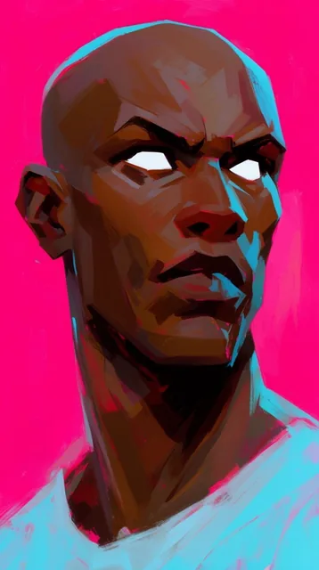 close-up portrait of a bald man looking sharply right, stark white eyes, deep brown skin, vibra...