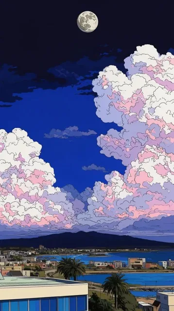 Stylized illustration of a coastal town beneath a towering, vibrant sky. Massive cumulus clouds...