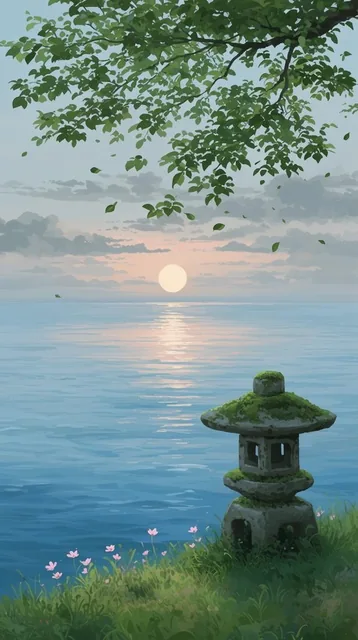 A serene digital painting of a calm blue sea at sunset. A leafy green branch overhangs, sheddin...