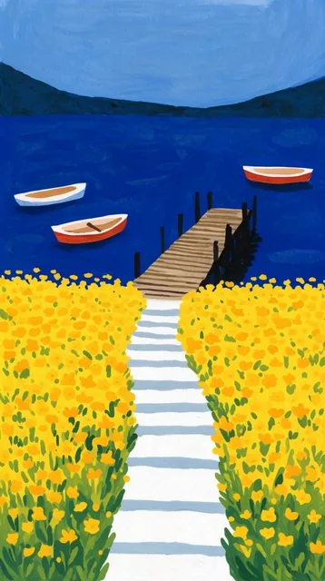 vibrant naive-style illustration on a printed rectangle, bright yellow flower field with a whit...