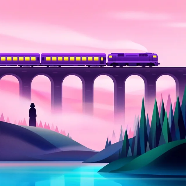Purple train on high bridge, glowing yellow windows, geometric pine trees, silhouette figure on...