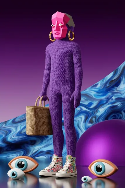 3D surrealist figure with a pink geometric mask, gold hoops, and textured purple knit body wear...