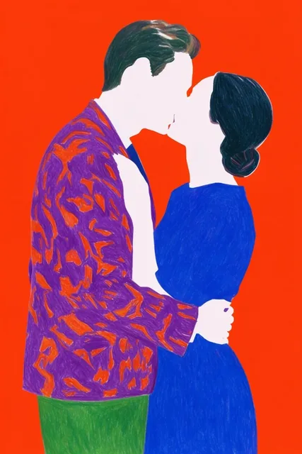 stylized pop art illustration of a kissing couple, vibrant flat red-orange background, pale uns...