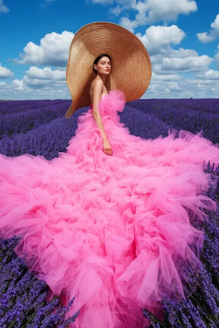 A high-fashion model stands in a vibrant purple lavender field wearing a massive, billowing pin...