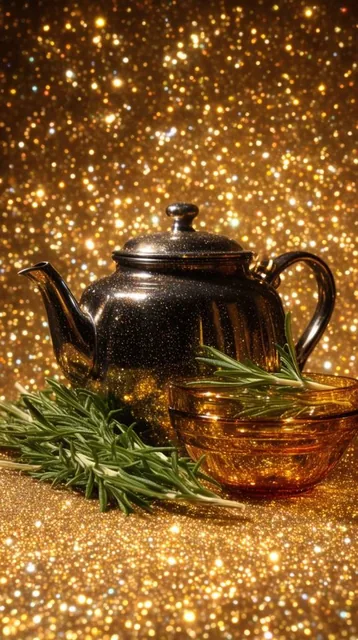 A dark metallic teapot speckled with gold, an amber glass bowl, and fresh rosemary sprigs form...