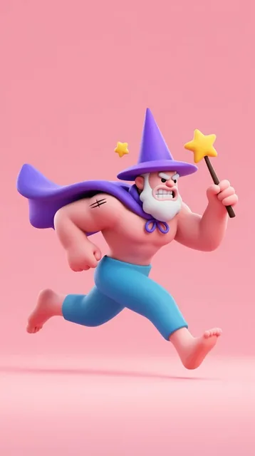 3D stylized cartoon muscular older wizard with pink skin running aggressively, gritted teeth, w...
