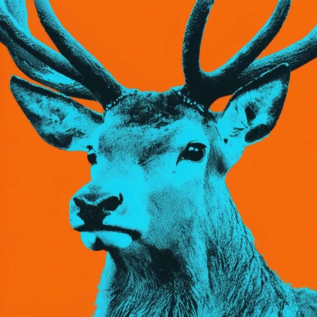 neon cyan majestic stag head facing slightly left, heavy black halftone dot shading, high contr...