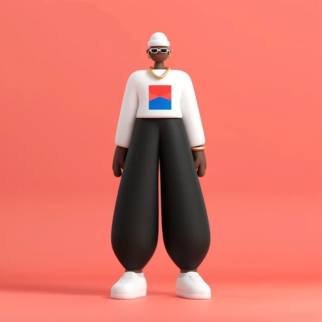 A stylized 3D character with exaggerated proportions stands against a seamless coral backdrop....
