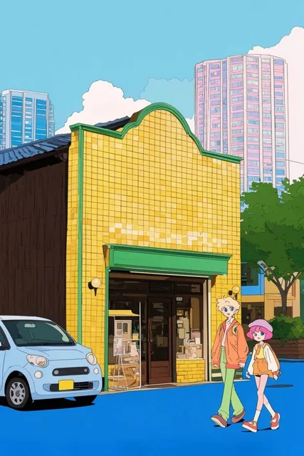 retro anime style illustration, vintage yellow tiled storefront with green trim, dark wood sidi...