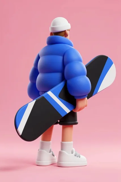 Stylized 3D-rendered figure viewed from behind against a seamless pink backdrop. Wearing an ove...