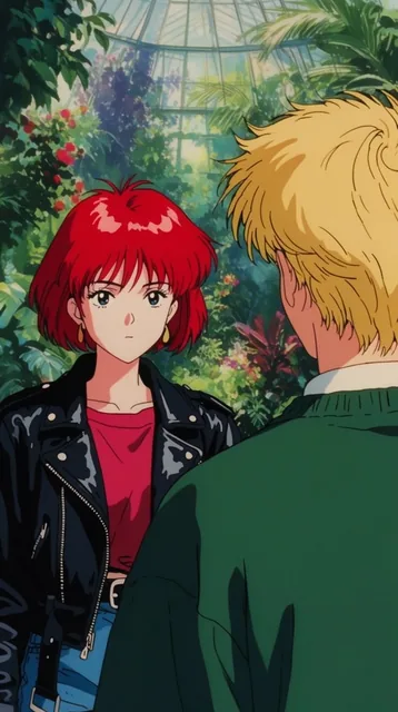 young woman with short red hair in a black leather jacket, young man with messy blonde hair in...
