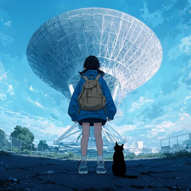 young girl and black cat on cracked asphalt facing a colossal satellite dish filling the sky, i...