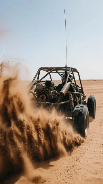 An exposed-frame off-road buggy accelerates across a flat desert, generating a massive, chaotic...