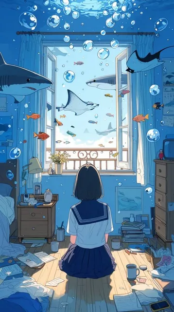 A surreal anime-style illustration of a girl in a sailor uniform sitting on a bedroom floor, fa...