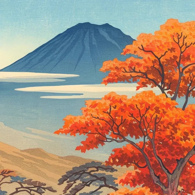 traditional Japanese woodblock print style landscape, large tree with vibrant orange and red au...