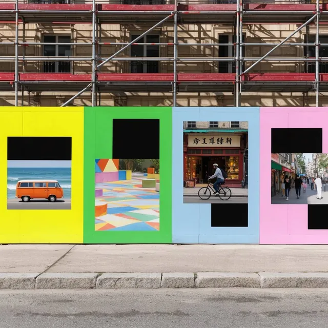 A street-level construction barrier is covered with a vibrant patchwork of oversized rectangula...
