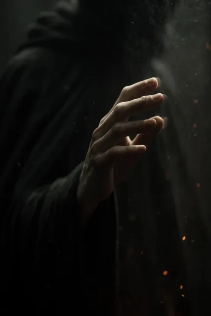 A pale hand emerges from deep shadows, fingers slightly curled and pressing against a transpare...
