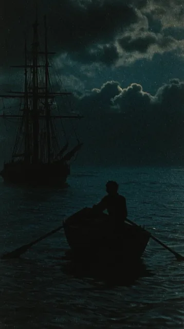 dark nighttime seascape, small rowboat silhouette with a figure rowing in the foreground, oars...