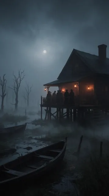 A dark wooden house stands on stilts above a misty swamp at night. Several dark silhouettes of...