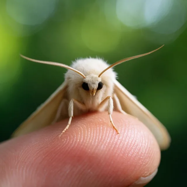 pale cream moth on a human fingertip, macro photography, fuzzy body, delicate legs, long antenn...