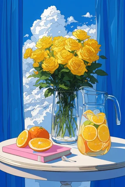 sunlit anime style still life, glass vase of bright yellow roses, pitcher of citrus drink, slic...