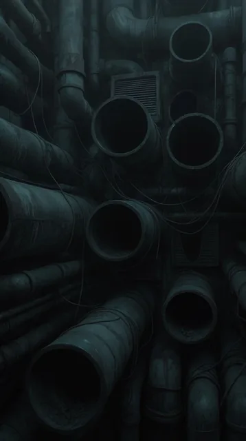 A dense wall of industrial pipes and conduits fills the frame in a dark, claustrophobic environ...