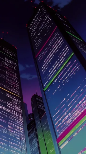 Dramatic low-angle view of futuristic nighttime skyscrapers in a retro cyberpunk animation styl...