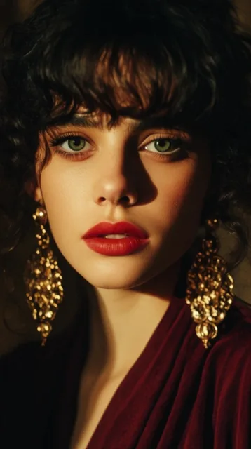Close-up portrait of a young woman, dark curly hair with bangs, striking green eyes, red lips,...
