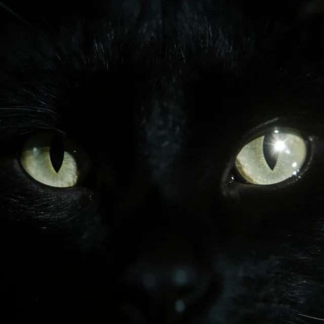 An extreme macro close-up of a black feline face emerging from deep shadows, focusing entirely...