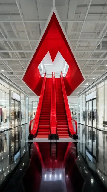 striking red escalator ascending through a diamond ceiling cutout, glossy black reflective floo...