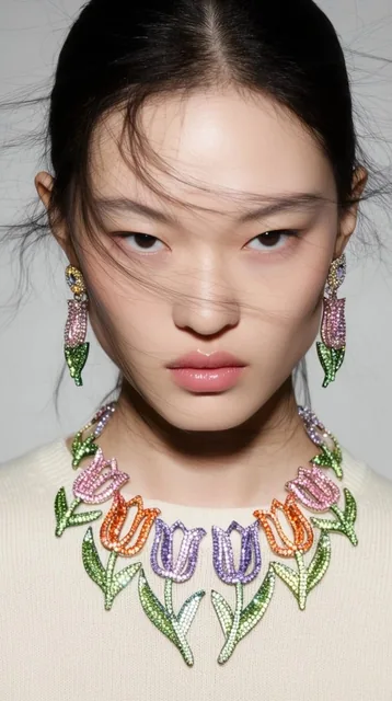 close-up fashion portrait of an East Asian woman with an intense neutral gaze, wispy dark hair...