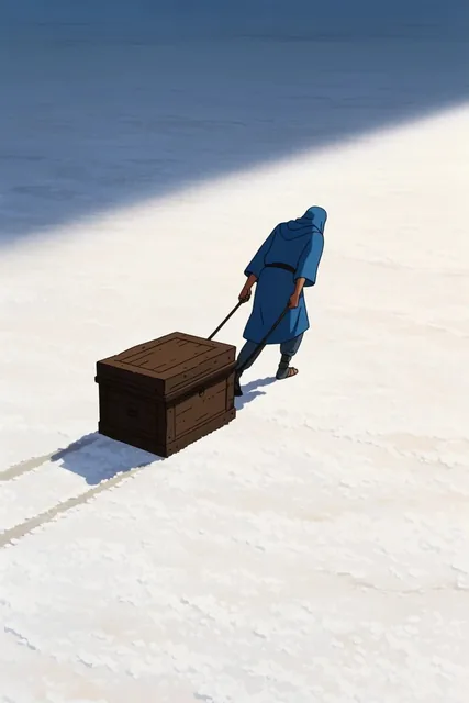 A figure in blue robes drags a heavy wooden chest across a vast salt flat. The solitary person...