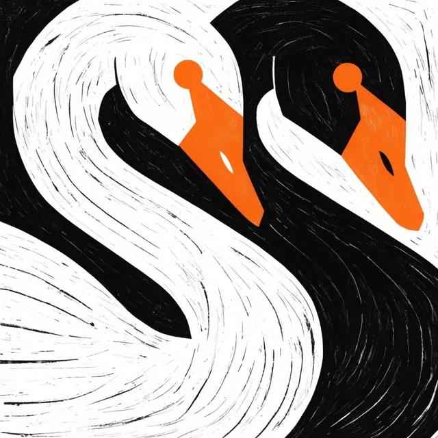 two intertwining swans forming an S shape, high contrast black and white linocut print illustra...