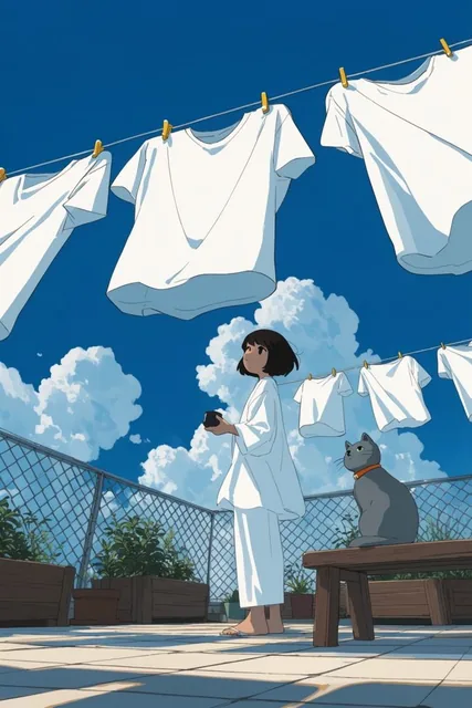 A young girl with short dark hair and a flowing white outfit stands on a sunlit terrace beneath...