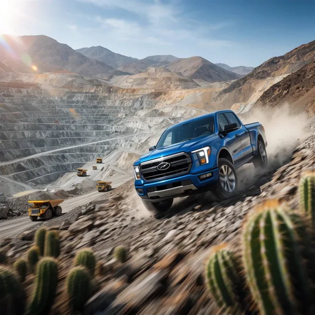 metallic blue pickup truck speeding down a steep rocky slope, trailing dust, massive terraced o...